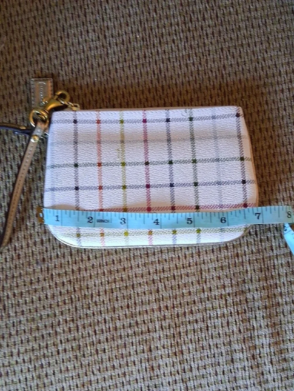 Coach White Plaid Wristlet Phone Case with Multicolor Stripes